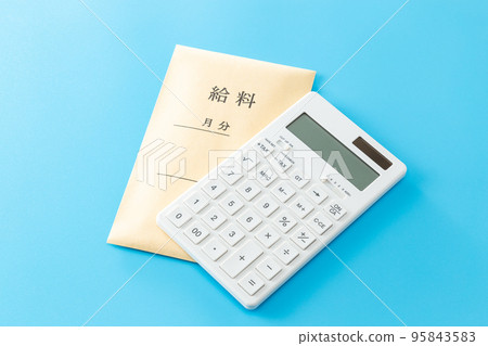 Salary bag and calculator blue back Salary bag and calculator blue back 95843583