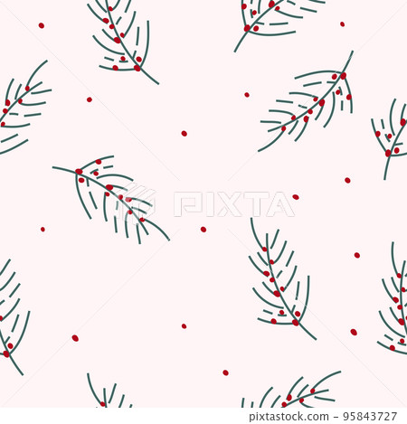 Christmas minimalism seamless patterns with branch holly and red berries. Bright winter pattern can be used as textile, fabric, wallpaper, banner and other. Vector 95843727