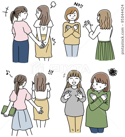 Sexual harassment between women Color illustration set of 4 Sexual harassment between women Color illustration set of 4 95844424
