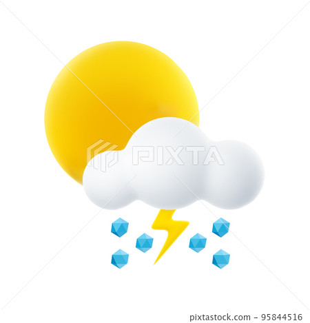 3D Cartoon Icon of Cloudy Weather with Hail and Thunderstorm. Sign of Cloud, Sun, Hailstones and Lightning Isolated on White Background. Vector Illustration of 3d Render. 95844516