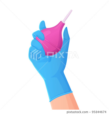 Hand in a blue glowes holding pink rubber enema or clyster. Medical cleaning body detox tool. Hand in a blue glowes holding pink rubber enema or clyster. Medical cleaning body detox tool. 95844674