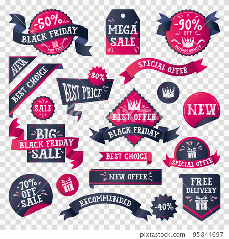 Black friday labels set. Black and red tags, ribbons, stickers, badges etc. Discoint,november sale concept. Black friday labels set. Black and red tags, ribbons, stickers, badges etc. Discoint,november sale concept. 95844697