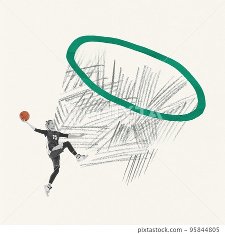 Creative design. Teen girl training, playing basketball, throwing ball into drawn basket over light background Creative design. Teen girl training, playing basketball, throwing ball into drawn basket over light background 95844805
