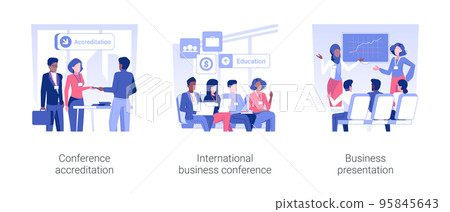 International business conference isolated concept vector illustration set. Conference accreditation, international exhibition, business presentation, work trip, negotiation vector cartoon. 95845643