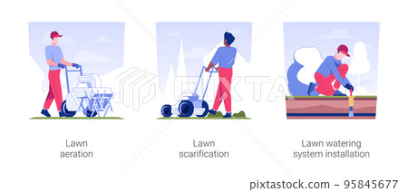 Lawn maintenance service isolated concept vector illustration set. Lawn aeration and scarification, watering system installation, meadow care, landscaping and gardening industry vector cartoon. 95845677