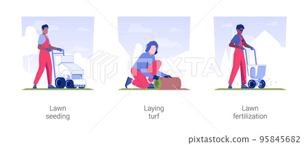 Meadow maintenance service isolated concept vector illustration set. Lawn seeding, laying turf, grass fertilization, gardener in uniform performs landscaping works, exterior works vector cartoon. Meadow maintenance service isolated concept vector illustration set. Lawn seeding, laying turf, grass fertilization, gardener in uniform performs landscaping works, exterior works vector cartoon. 95845682