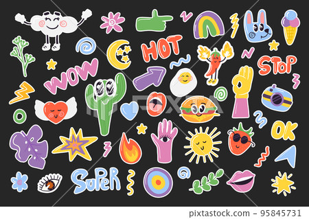 Patches design. Retro clothing badges. Cute sticker template decorated with cartoon image and trendy lettering. Signs, symbols, objects for scheduler or organizer 95845731