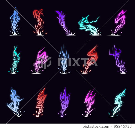 Lightning animation set with sparks. Cartoon lightning effect. Thunderbolt strike comic sprite asses for 2D game Lightning animation set with sparks. Cartoon lightning effect. Thunderbolt strike comic sprite asses for 2D game 95845733