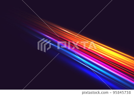 Colorful light trails with motion effect. Geometric and dynamic, trendy layout for racing club or sport competition, event poster. Futuristic and motion, race and linear 95845738