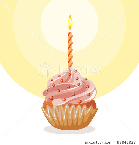 Festive cupcake with a burning candle, cupcake with cream. Happy birthday card, vector Festive cupcake with a burning candle, cupcake with cream. Happy birthday card, vector 95845828