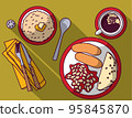 English breakfast scrambled eggs sausages coffee beans oatmeal 95845870