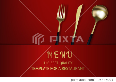 Realistic 3D golden fork, knife and spoon on a red background. Fashionable modern poster for a restaurant. Top view vector illustration. 95846095