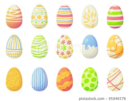 Modern bright gradient Easter eggs set with lines, dots and other ornates. Easter holiday, egg hunt concept. Stock vector illustration isolated on white background in flat cartoon style 95846576