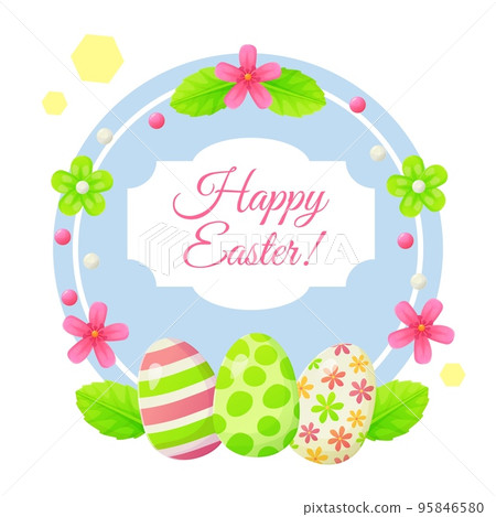 Happy Easter greeting card with eggs, lives and flowers. Can be used for promotion, invitation, special offer typography template concept. Stock vector illustration in cartoon realistic style 95846580