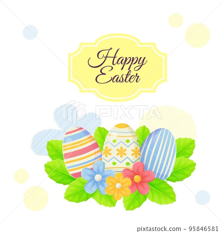 Simple Easter greeting poster with eggs, lives and flowers. Can be used for promotion, invitation, special offer typography template concept. Stock vector illustration in cartoon realistic style 95846581
