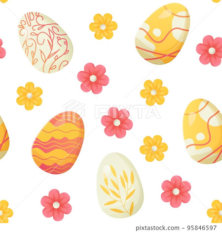Easter egg seamless pattern. Texture with flowers. Can be used as easter hunt element for web banners, posters and web pages background, wallpaper, spring greeting cards. Easter egg seamless pattern. Texture with flowers. Can be used as easter hunt element for web banners, posters and web pages background, wallpaper, spring greeting cards. 95846597