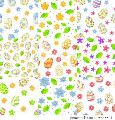 Set of spring seamless patterns with Easter egg, flowers and leaves. Can be used as easter hunt element for web banners, posters and textures. Stock vector illustration in cartoon realistic style 95846601