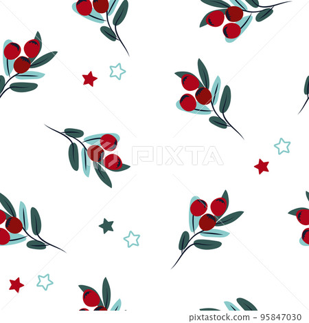 Christmas minimalism seamless patterns with branch tree and red berries. Bright winter pattern can be used as textile, fabric, wallpaper, banner and other. Vector. 95847030