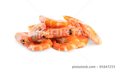 Delicious cooked whole shrimps isolated on white Delicious cooked whole shrimps isolated on white 95847255