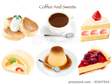 咖啡和蛋糕咖啡店套裝白背插圖-手繪材料 咖啡和蛋糕咖啡店套裝白背插圖-手繪材料 95847954