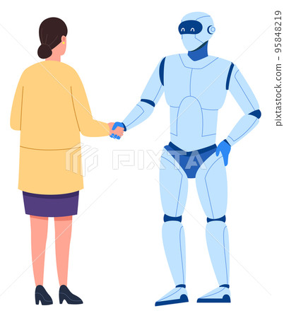 Woman shaking hands with robot. Cyber human friendship Woman shaking hands with robot. Cyber human friendship 95848219