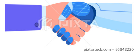 Cyborg and human handshake. Future intelligence friendship Cyborg and human handshake. Future intelligence friendship 95848220