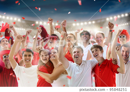 Football team supporter. Stadium in red and white. Football team supporter. Stadium in red and white. 95848251