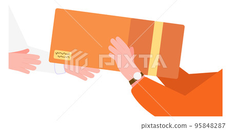 Hands receiving cardboard box. Delivery parcel to customer Hands receiving cardboard box. Delivery parcel to customer 95848287