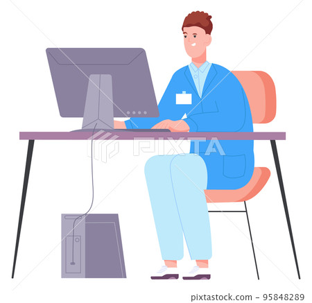 Scientist work at computer desk. Doctor typing on pc Scientist work at computer desk. Doctor typing on pc 95848289