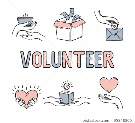 Charity donation for health. A set with elements of hearts in his hands. Vector illustration of a doodle Charity donation for health. A set with elements of hearts in his hands. Vector illustration of a doodle 95848800