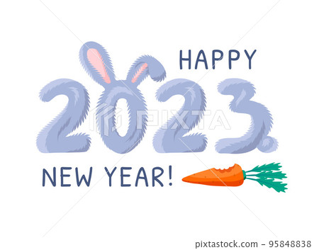 Cartoon Color Happy New Year 2023 Concept Poster Card Invitation. Vector illustration of Year Number with Rabbit Tail and Ears 95848838