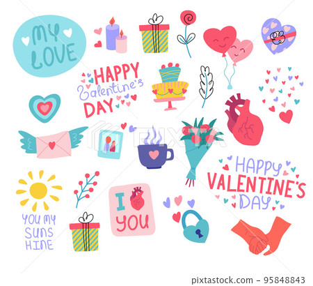 Cartoon Color Different Cute Valentines Day Labels Badges Stickers Set Romantic Concept Flat Design Style. Vector illustration Cartoon Color Different Cute Valentines Day Labels Badges Stickers Set Romantic Concept Flat Design Style. Vector illustration 95848843