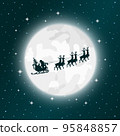 Santa Claus and gifts in sleigh with reindeer pulling the sleigh on the moon background. 95848857