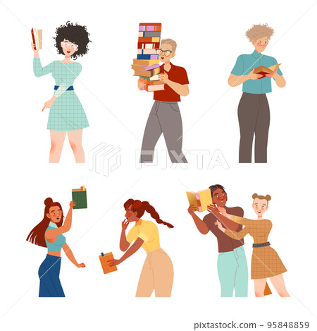 Bookcrossing with Happy Man and Woman Character Reading Borrowed Paper Book Vector Set 95848859