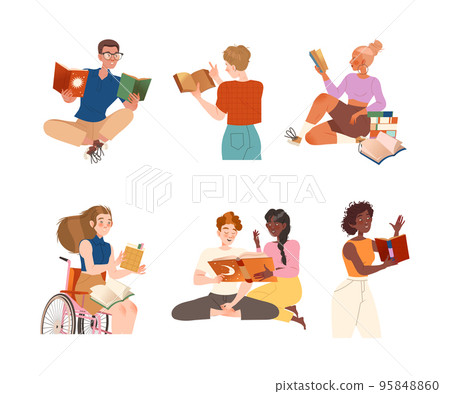 Bookcrossing with Happy Man and Woman Character Reading Borrowed Paper Book Vector Set 95848860