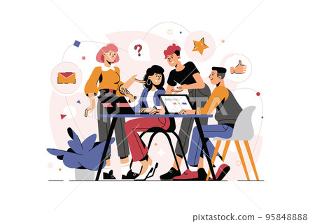 Vector illustration, workers are sitting at the negotiating table, collective thinking and brainstorming 95848888