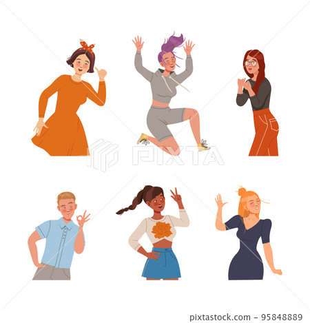 Happiness emotions set. Happy people showing various positive emotions with gestures vector illustration 95848889