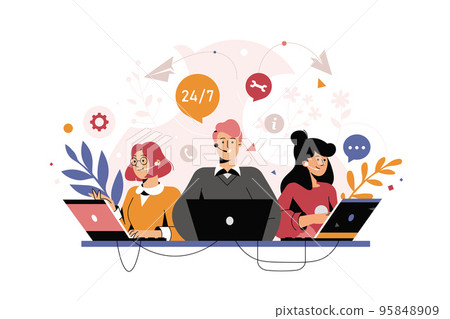 Customer service, hotline operators consult customers with headsets on computers, 24 7  95848909