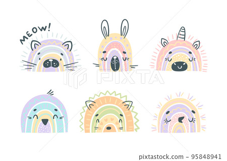 Heads of cute baby animals set. Kitten, bunny, unicorn, hedgehog, penguin, birdie funny animal faces cartoon vector illustration Heads of cute baby animals set. Kitten, bunny, unicorn, hedgehog, penguin, birdie funny animal faces cartoon vector illustration 95848941