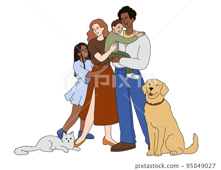 Flat happy family with domestic pets embracing each other Flat happy family with domestic pets embracing each other 95849027