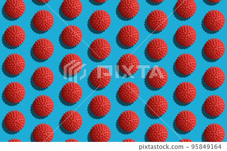 Abstract repeating pattern corona virus. Seamless patter of COVID-19. Red balls with spikes on a blue background. Abstract repeating pattern corona virus. Seamless patter of COVID-19. Red balls with spikes on a blue background. 95849164