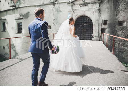 Amazing happy gentle stylish beautiful romantic caucasian couple on the background ancient baroque castle 95849535