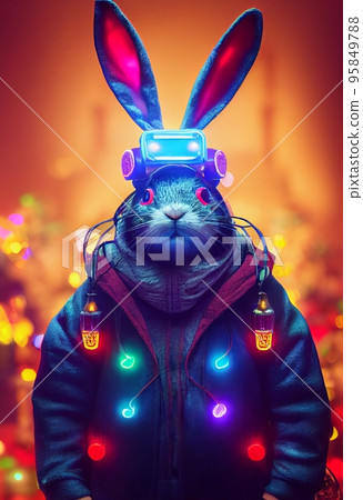 Xmas celebration postcard in modern techno style. Preparation for New Year and Christmas. Winter holidays congratulation futuristic technological card with a year symbol, 2023 greetings, cyberpunk 95849788