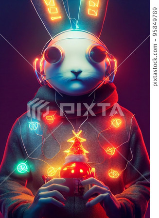 Colorful Xmas postcard with abstract Rabbit in cyberpunk style. Winter holidays congratulation futuristic technological card with a year symbol 2023. Happy New Year and Merry Christmas celebration 95849789