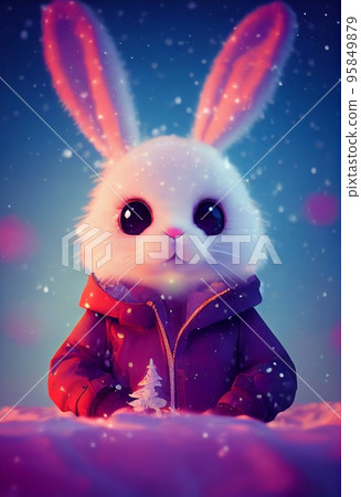 New Year and Christmas congratulation postcard with fluffy rabbit in cartoon style. Winter holidays celebration card with a year symbol, copy space. Happy New Year and Merry Xmas greeting 2023 95849879