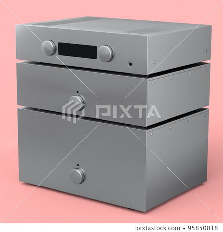 HiFi system with turntable and amplifier for home theater on pink background. 95850018