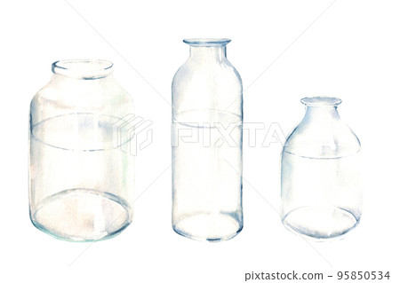 Set of transparent glass bottle, vase, jar of different shapes. Watercolor illustration on white background. 95850534
