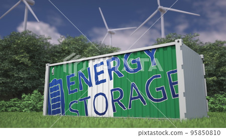 Industrial battery with flag of Nigeria and ENERGY STORAGE text at wind turbines. Green power concept. 3d rendering 95850810