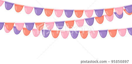 Celebration flag garland bunting. Pink, violet, orange pennants chain. Party flags decoration for wedding, birthday, baby shower, bridal shower, Christmas. Vector in cartoon style Celebration flag garland bunting. Pink, violet, orange pennants chain. Party flags decoration for wedding, birthday, baby shower, bridal shower, Christmas. Vector in cartoon style 95850897