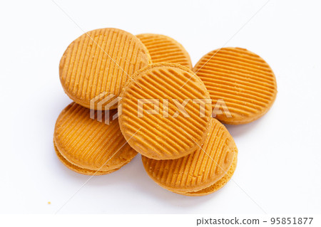 Custard cream sandwich biscuits on white background. Custard cream sandwich biscuits on white background. 95851877